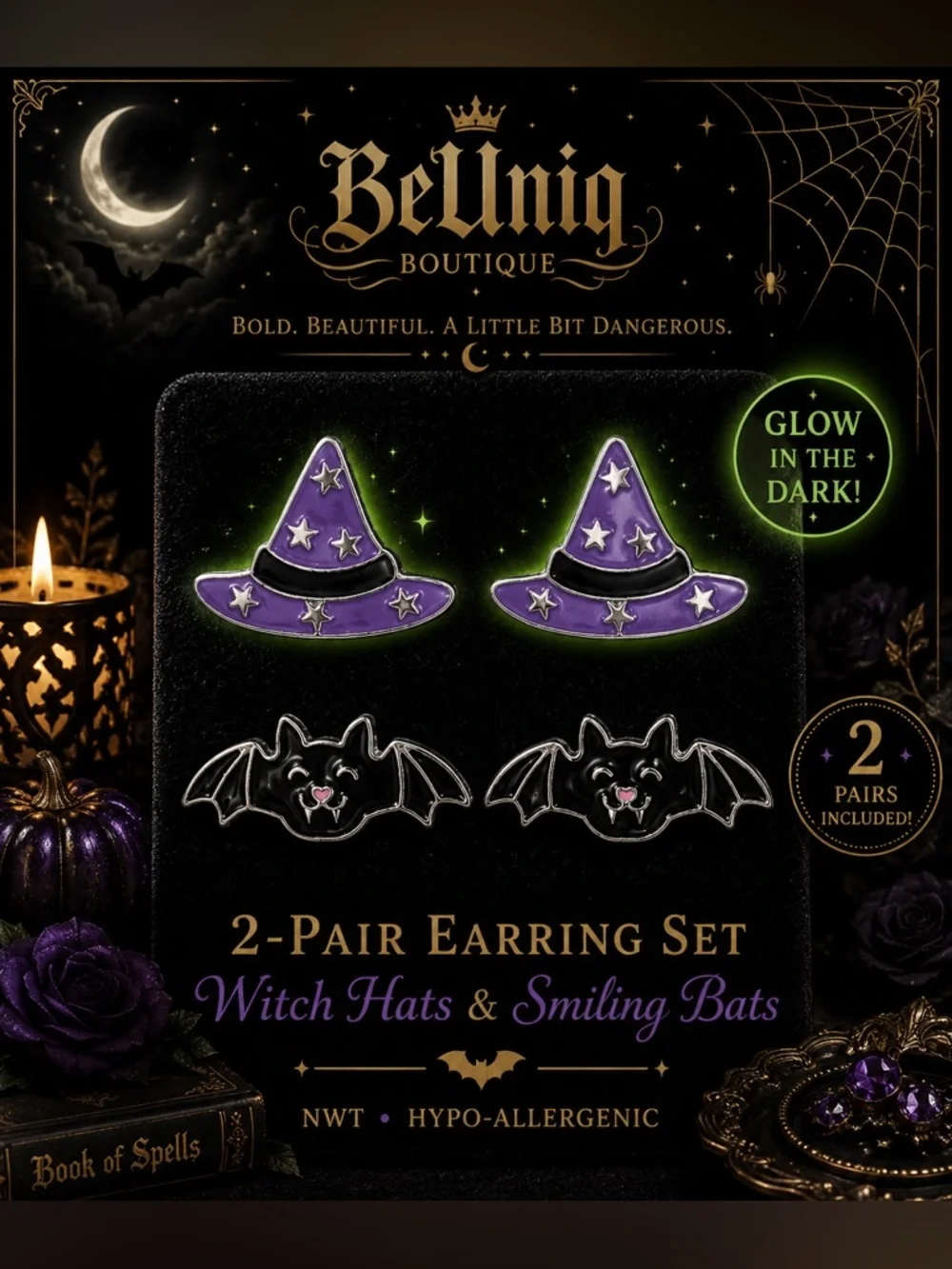 🦇 NWT 2-Pair Halloween Earrings Set | Glow-in-the-Dark Witch Hats & Bats